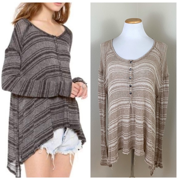 Free People Tops - We the Free Brown Stripe Henley Longsleeve Sweater
